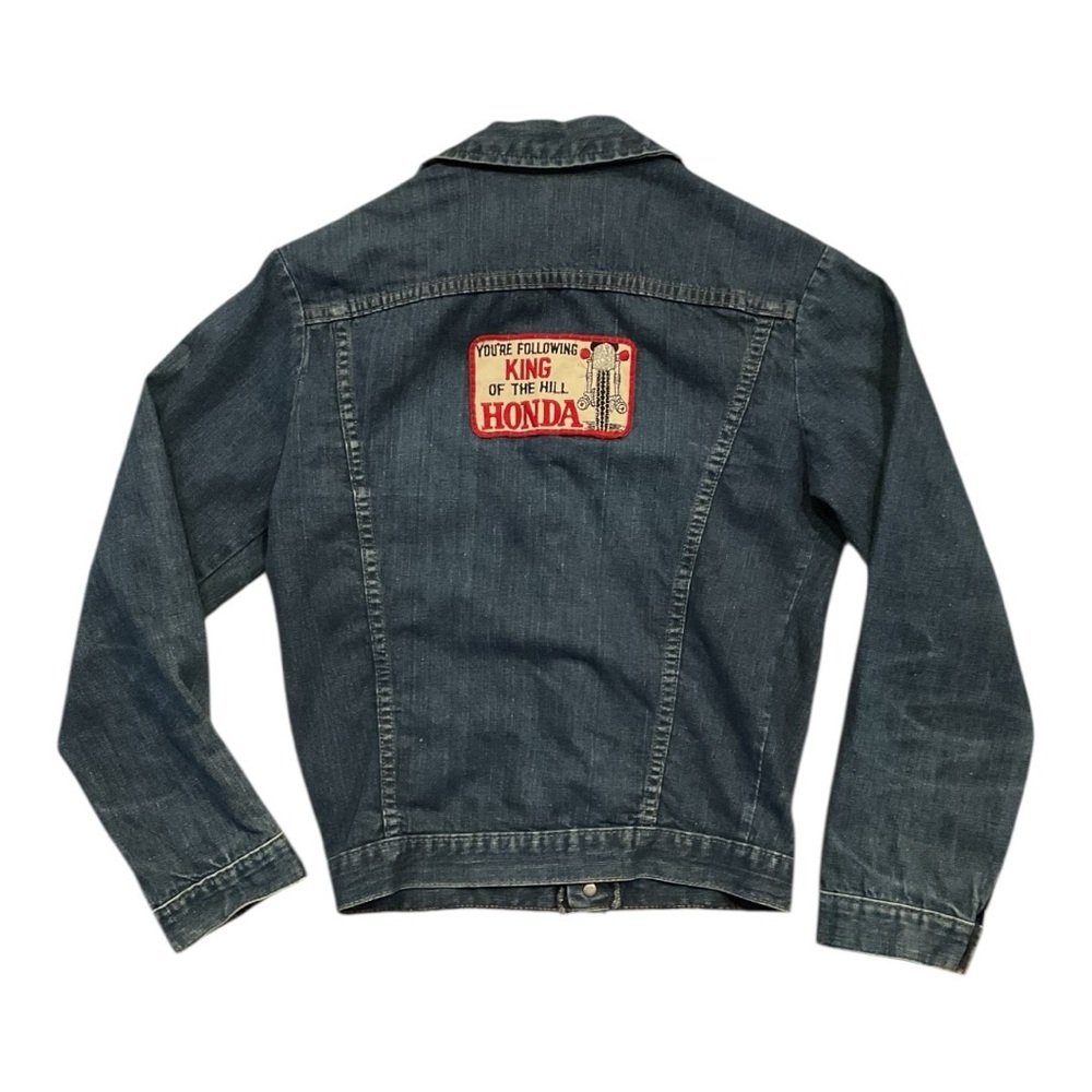Vintage Denim Jacket Honda Patch Trucker Distressed Dark Wash - Picture 2 of 10